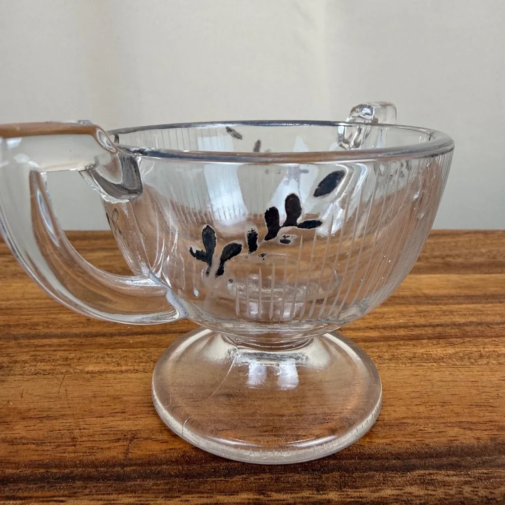Vintage Art Deco Glass Creamer and Sugar Set  Floral Silver  Overlay Rim Ribbed